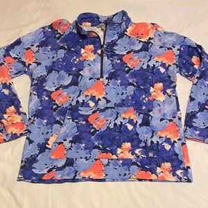 Talbots Blue Floral Quarter-Zip Pullover with Coral Accents